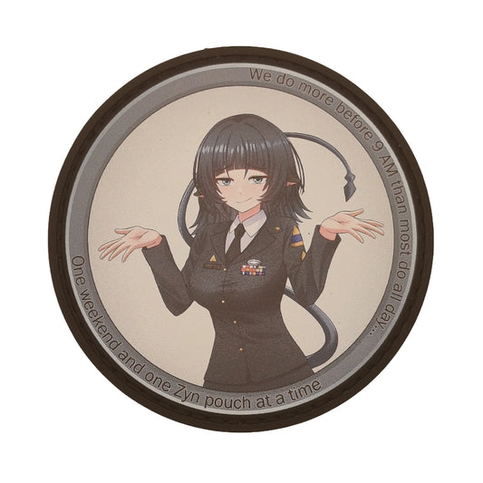Circular product with Jane Doe from Zenless Zone Zero and text we do more before 9am than most do all day one weekend and one zyn pouch at a time on a beige background