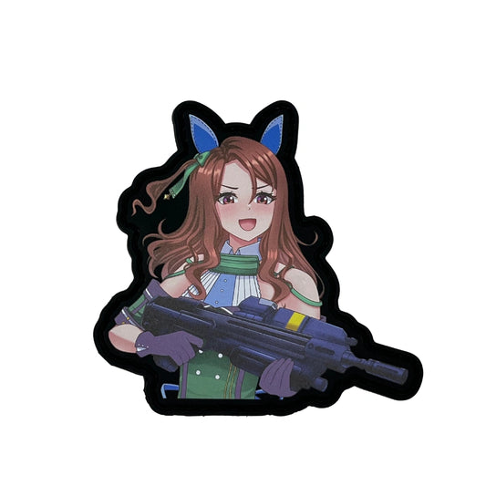 King Halo from Uma Musume holding the assault rifle from Halo video game