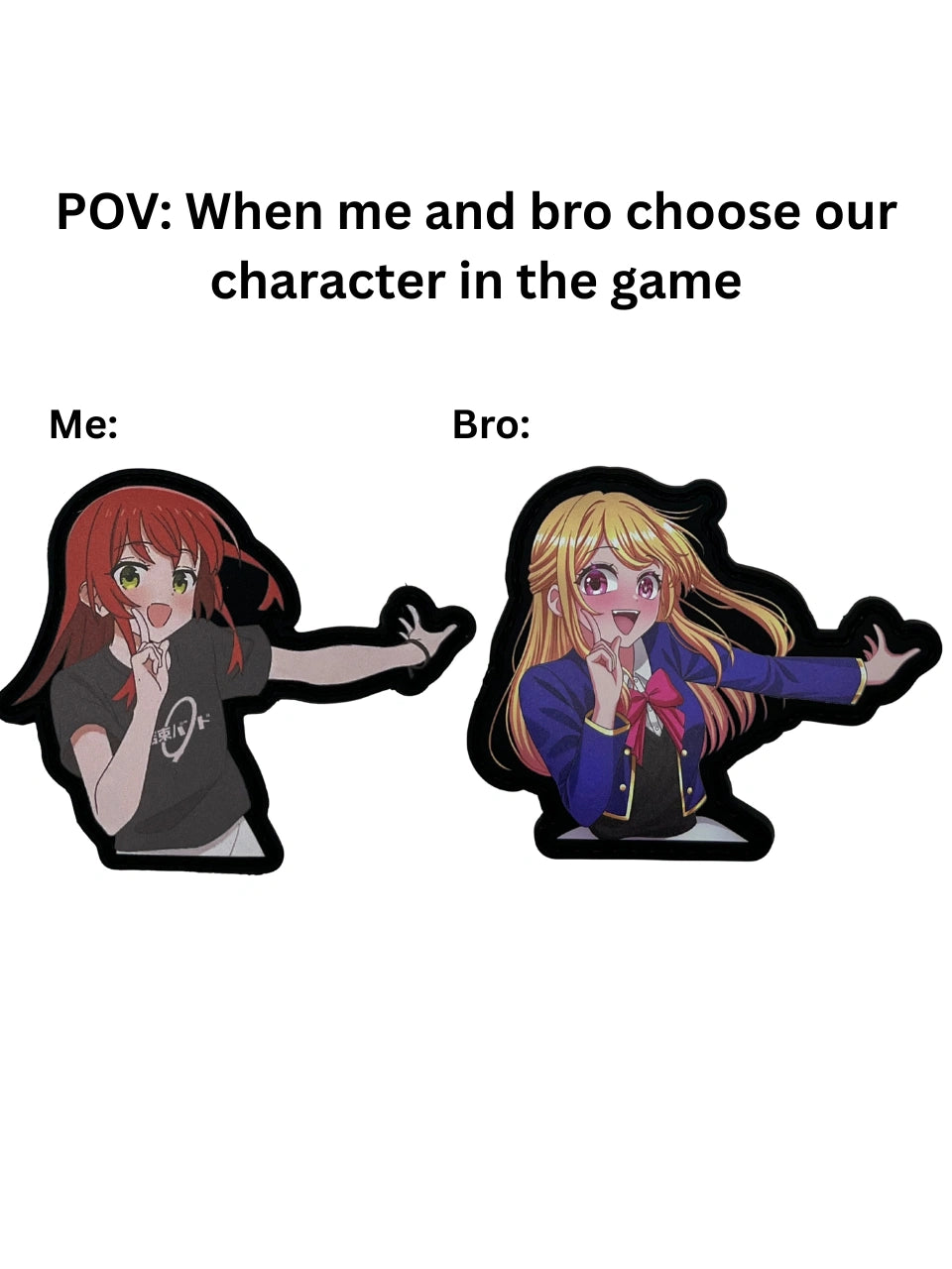 Two anime-style characters with text indicating a humorous comparison of choices in a game.