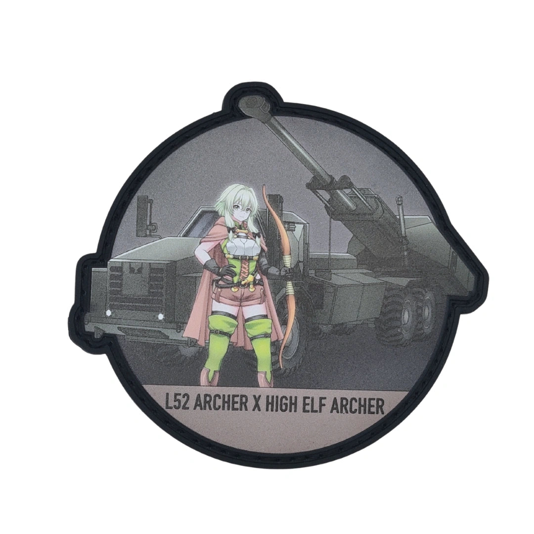 Full product shot on white — High Elf Archer drawing her bow in front of the Archer FH77 self-propelled howitzer, title bar reads "L52 ARCHER X HIGH ELF ARCHER." Use as the primary/hero listing image.
