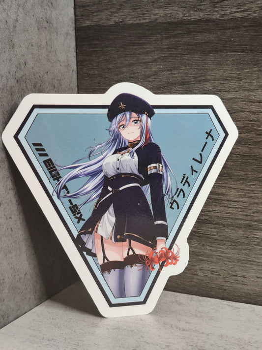 Embody the poignant themes of Eighty Six with this Vladilena Milizé patch. Lena is depicted holding a red spider lily, a flower deeply symbolic in anime for representing death and farewell, which resonates with the series' exploration of loss and memory.

Her serious expression captures the weight of her responsibilities as a handler, while the design includes the words 'ヴラディレーナ', which is Milize' in Japanese. Along with the title of the anime "Eighty Six" in a futuristic font, reflecting the anime's sci-fi