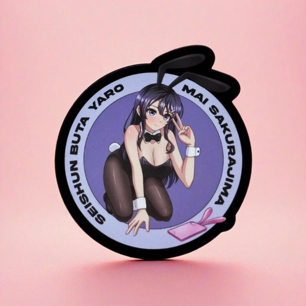Circular product with anime character Mai Sakurajima on a pink background