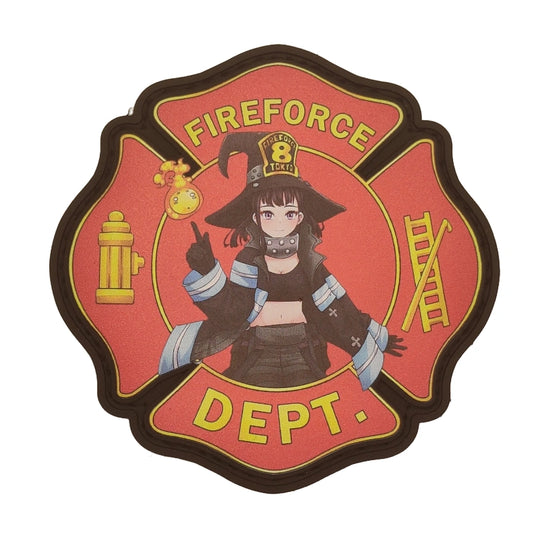 Firefighter-themed patch with maki oze from fireforce anime in a witch hat and fire hydrant on a red background