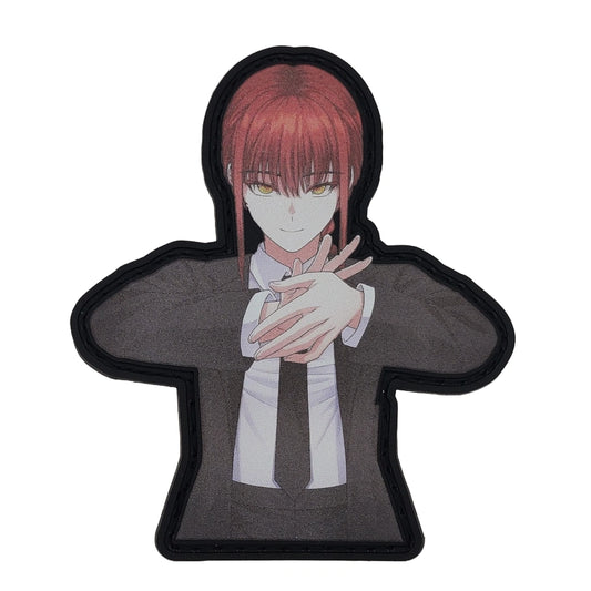 Plush toy shaped like an anime character with red hair and a gray outfit on a white background