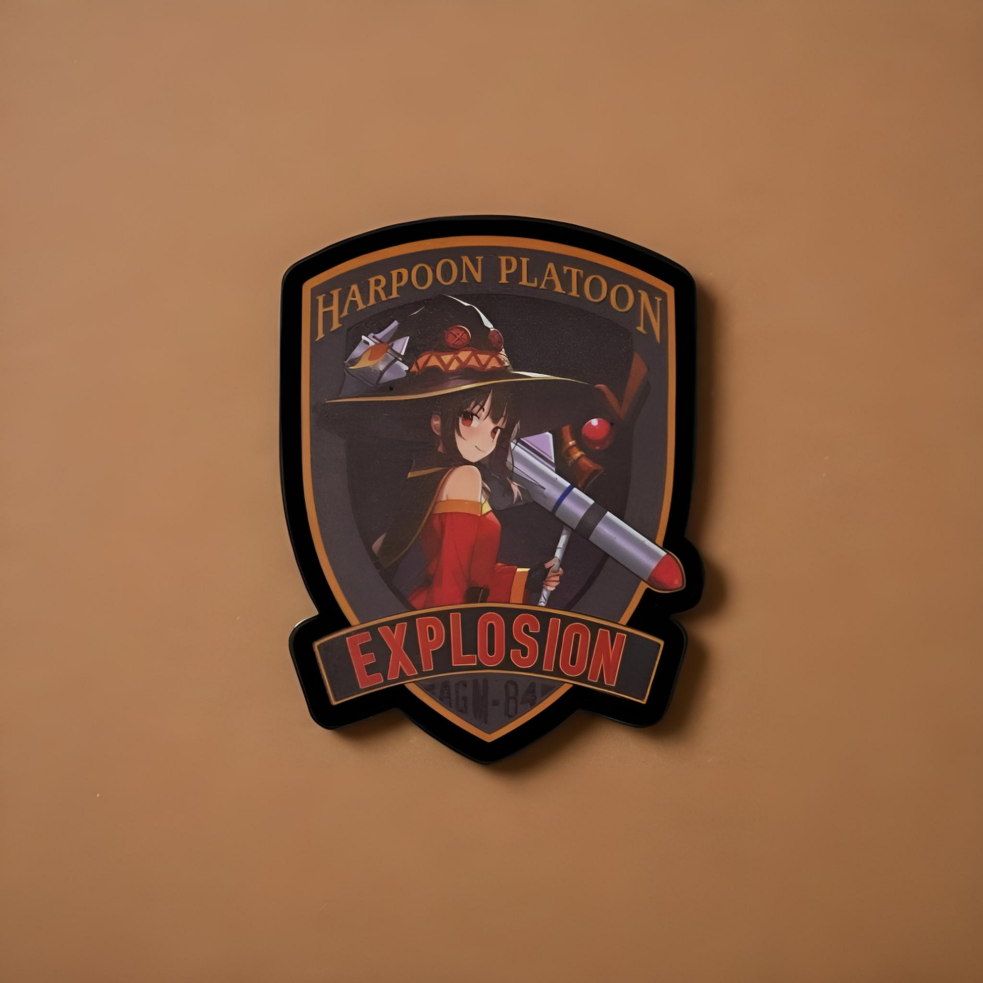 Emblem of Megumin from Konosuba anime and text 'Harpoon Platoon Explosion' on a brown background