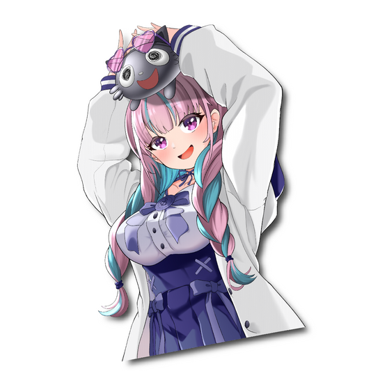 Custom design sticker featuring Minato Aqua from Hololive holding a cute cat above her head pose.
