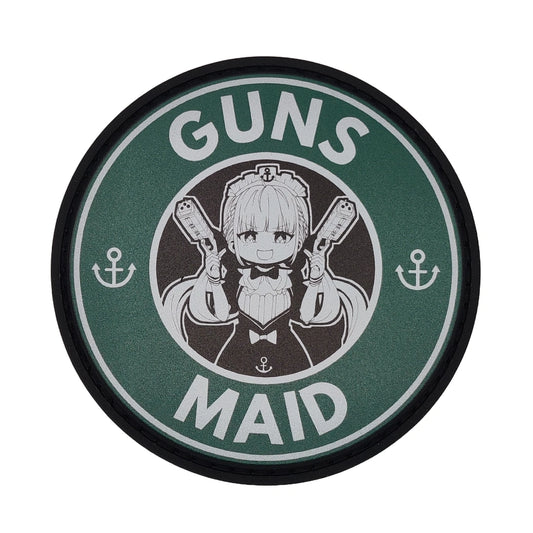 Circular patch with an illustration of a Minato Aqua both hand holding a gun and text 'GUNS MAID' on a green background.