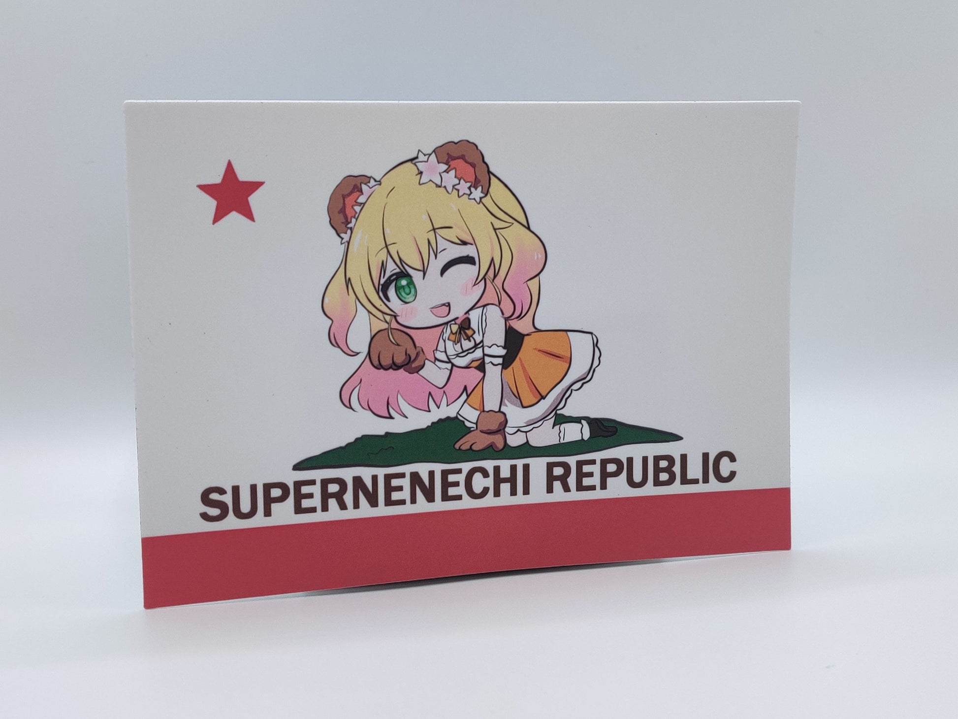 Custom sticker featuring Momosuzu Nene from hololive making a parody of California State Flag.