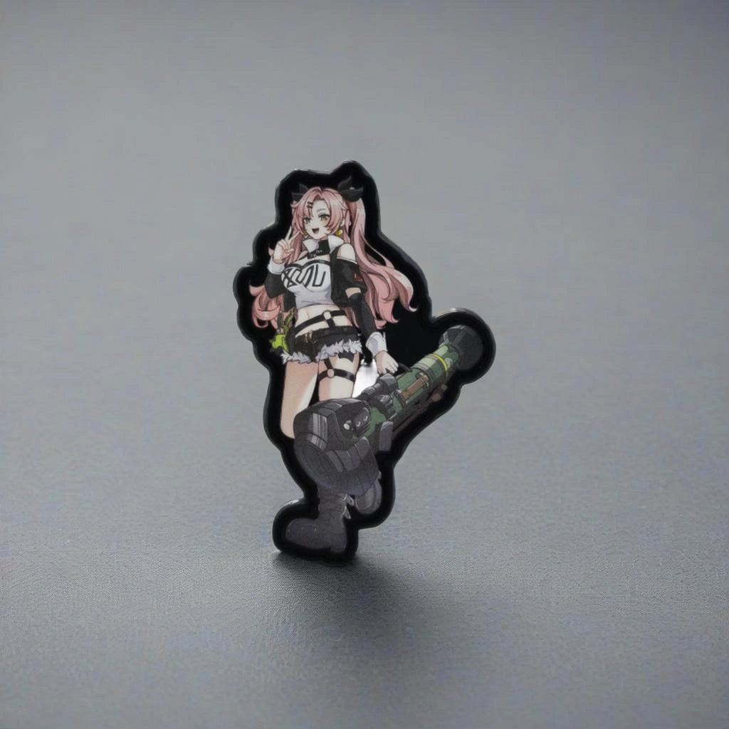 Pin with an anime-style character holding a weapon on a gray background
