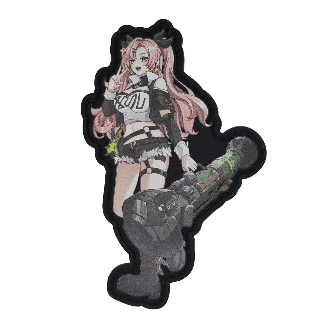 Sticker with an anime-style character holding a rocket launcher on a white background
