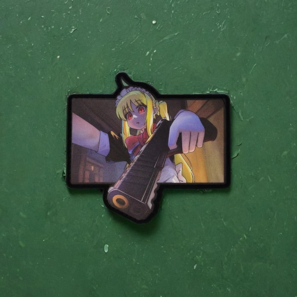 Pin with anime character holding a gun on a green background