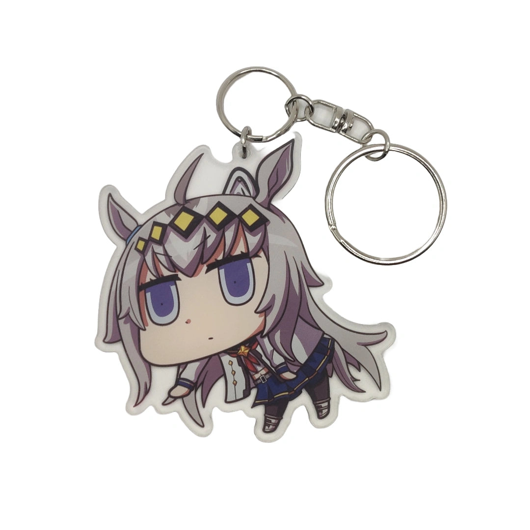 Anime character Oguri Cap from Uma Musume with silver hair and purple eyes on a white background