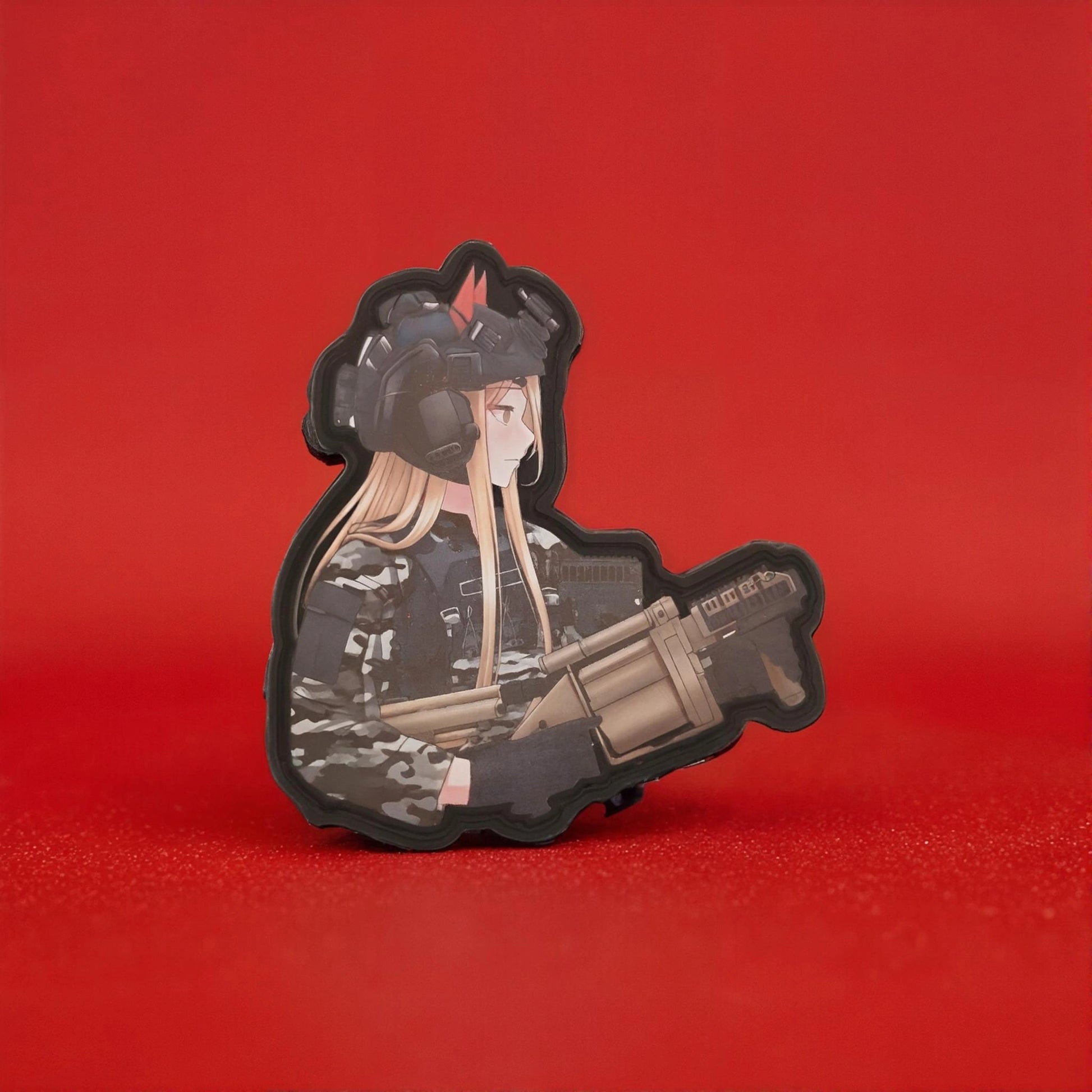 Power from Chainsaw Man in military uniform with a grenade launcher on a red background