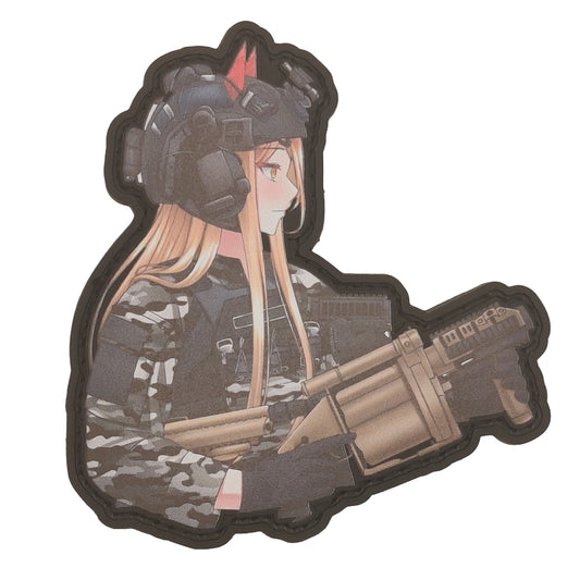 Power from Chainsaw Man in military uniform with a grenade launcher on a white background