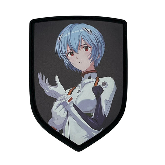Shield-shaped badge with Rei Ayanami on a black background