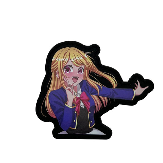 Anime character figurine with blonde hair and a purple outfit on a white background