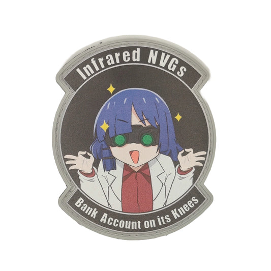Sticker with a character design and text 'Infrared NVGS' and 'Bank Account on its Knees' on a black background.