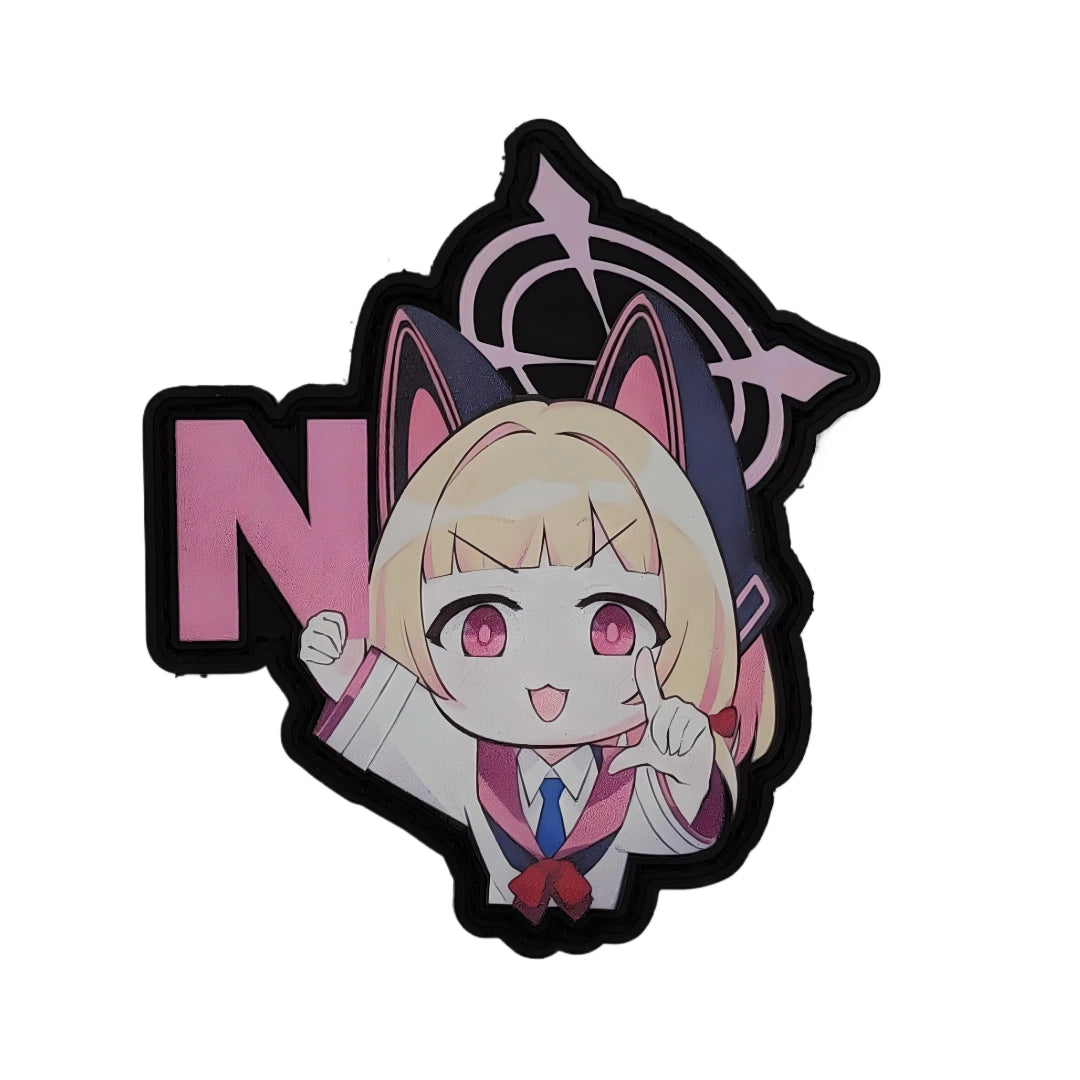 Custom made UV-Printed PVC patches featuring Saiba Momoi, from Blue Archive, holding her favorite alphabetic letter! No gamers can survived without using the word!