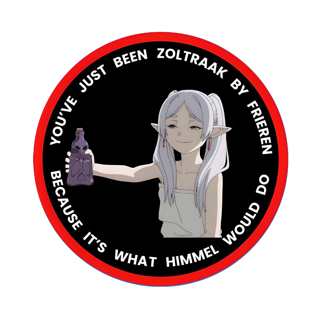 Custom sticker featuring Frieren from the anime Frieren: Beyond the journey's end with her iconic smug face meme.