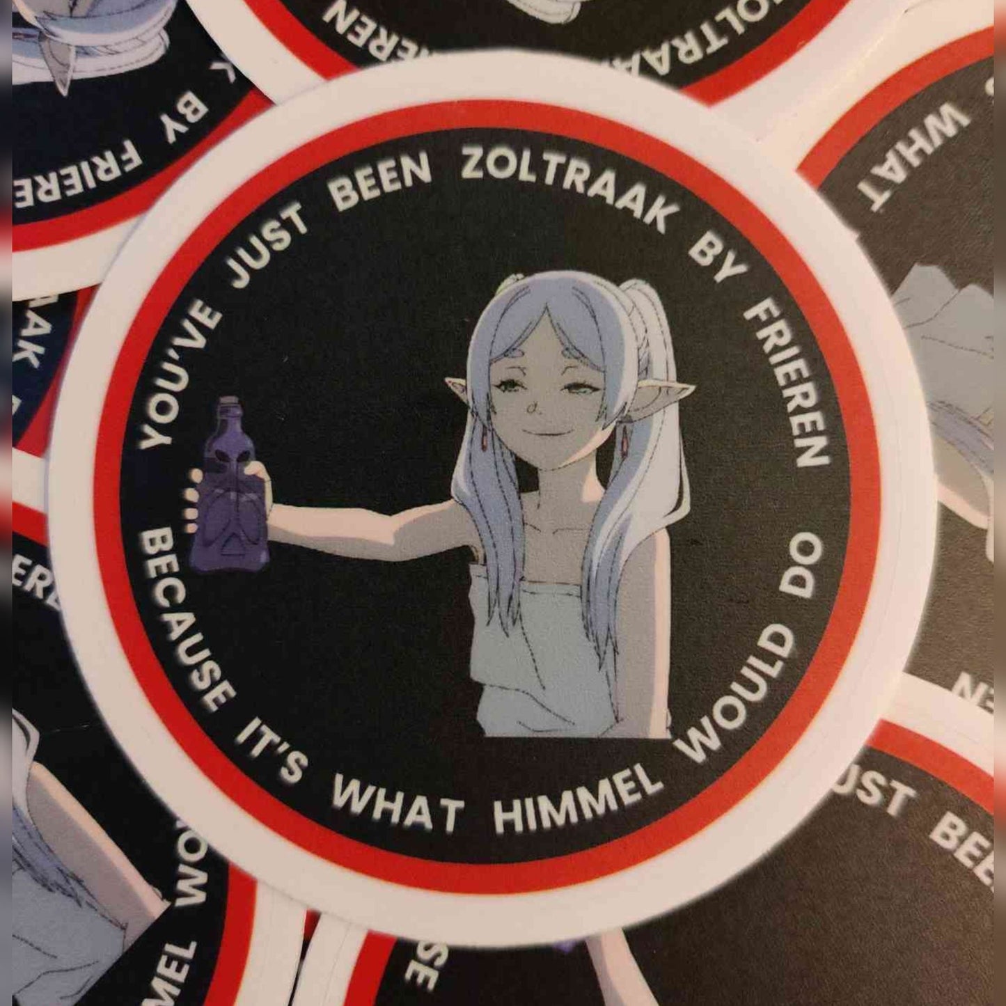 Custom sticker featuring Frieren from the anime Frieren: Beyond the journey's end with her iconic smug face meme.