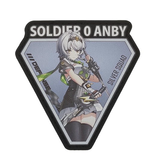 Hexagonal patch with an anime-style character and text 'SOLDIER O ANBY' on a white background