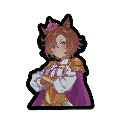 An Umamusume that has an almost handsome and princely aspect. T.M. Opera O has short, light orange-colored hair with tufts that rise up and curl. The left side of her bangs exposes most of her forehead, while the left covers it. She wears a gold-pink crown on the top of her head, and her ears each bear two golden ornaments clipped on, the ones on her right ear have green jewel inserts. Her purple eyes surround