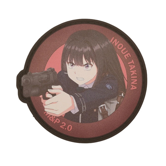 Circular product with Takina Inoue holding a gun and text on a white background