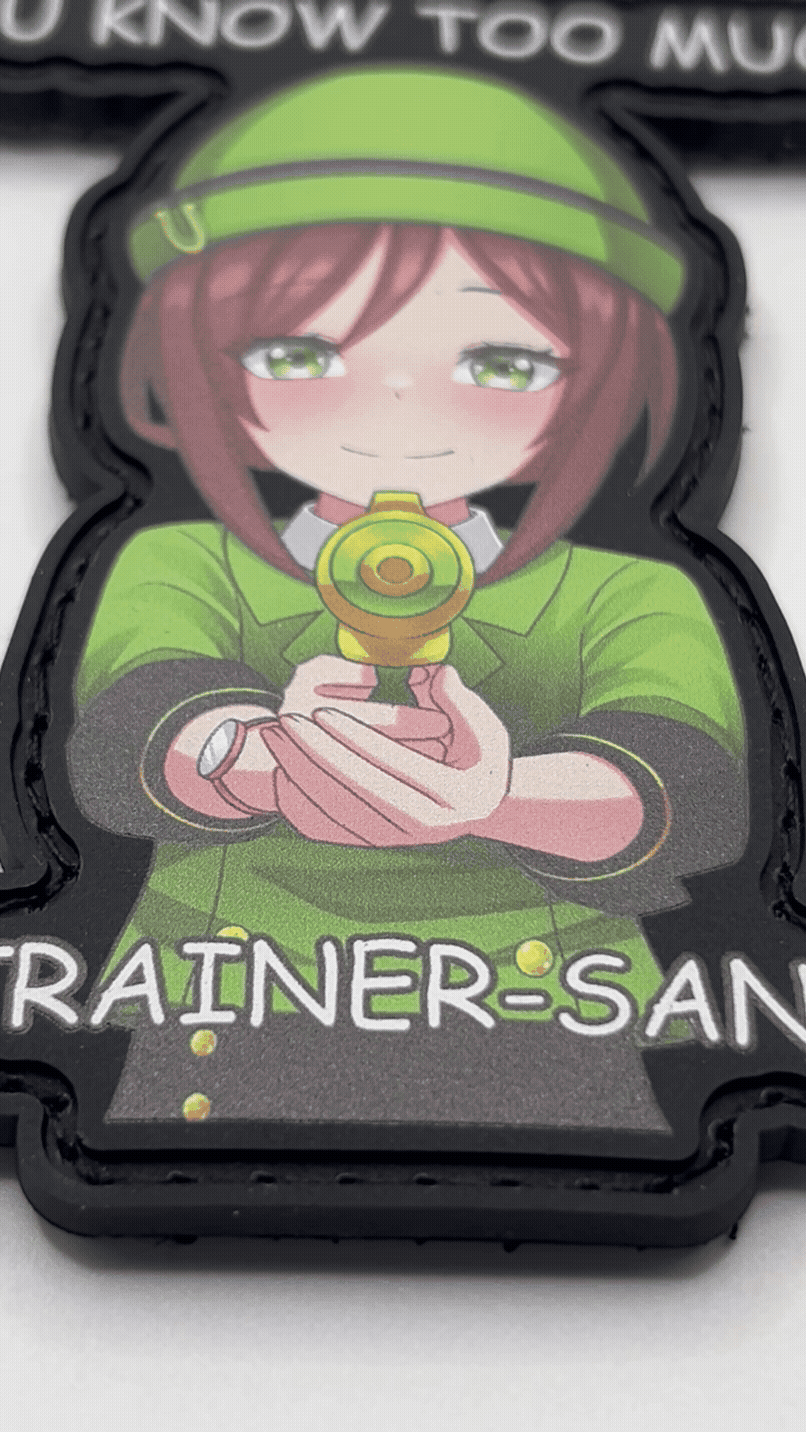 Animated character in green outfit holding a golden object with text 'You Know Too Much, Trainer-San' on a white background.