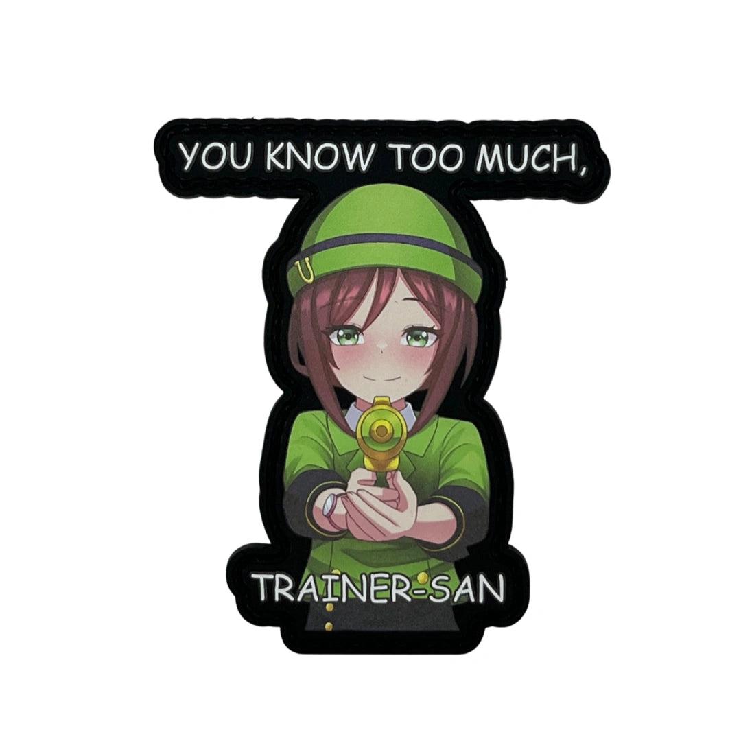 Animated character in green outfit holding a golden object with text 'You Know Too Much, Trainer-San' on a white background.
