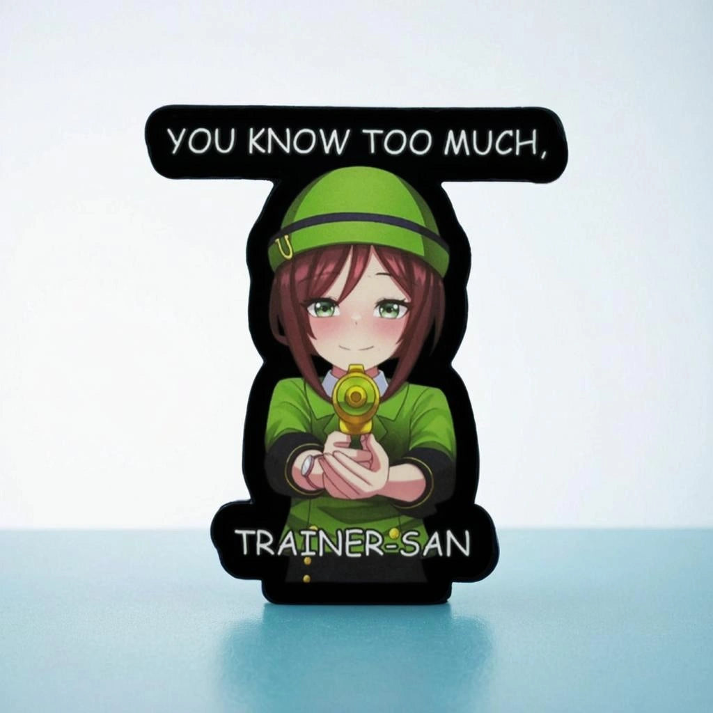 Tazuna from uma musume with text 'You know too much, Trainer San' on a light blue background