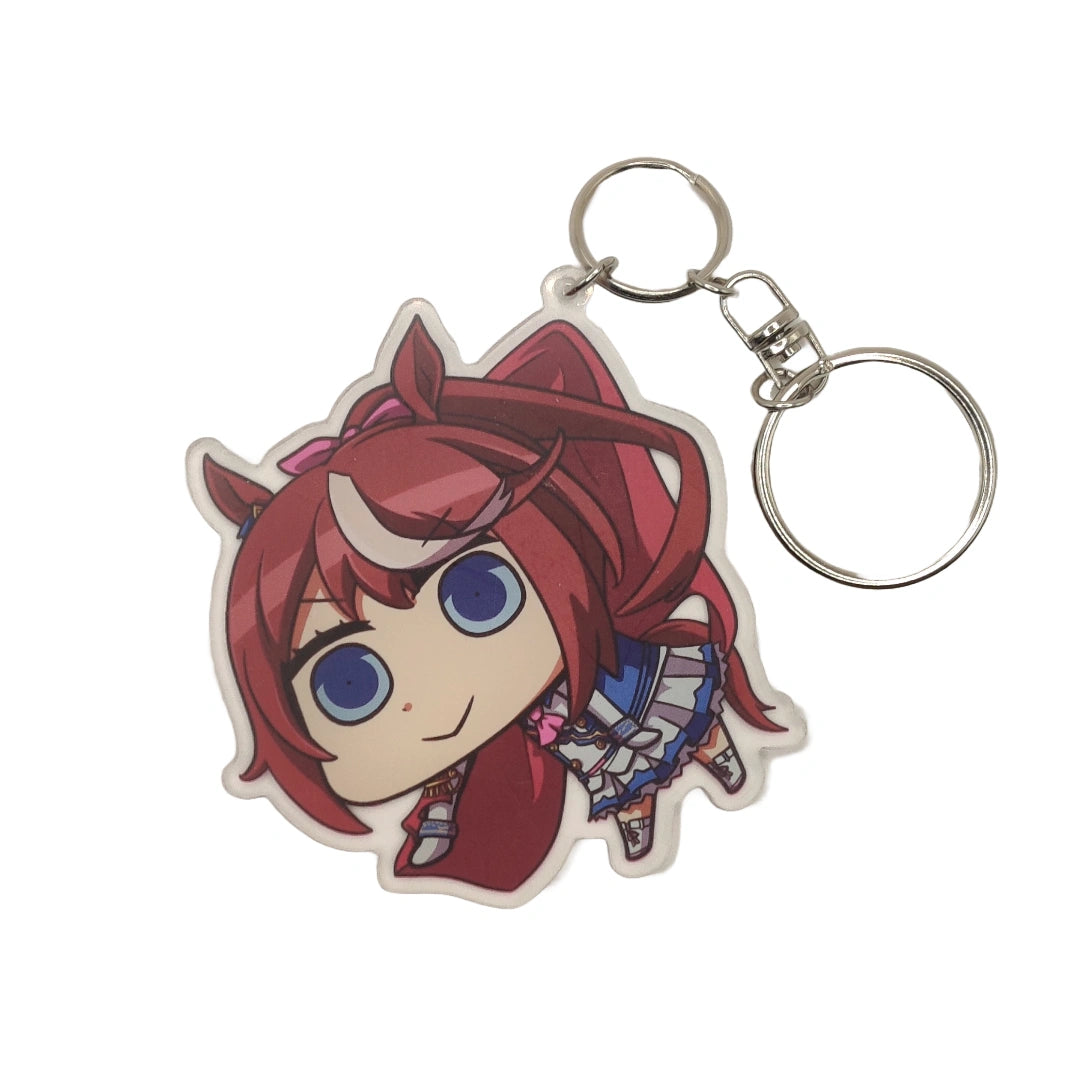 Anime character of Tokai Teio from Uma Musume with red hair and blue eyes on a white background