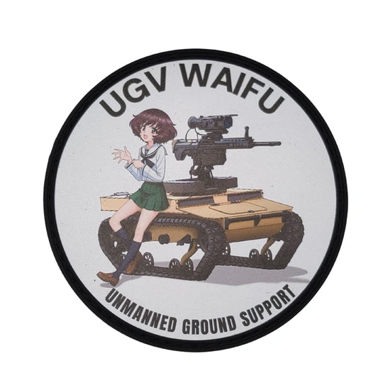 A circular sticker or patch featuring an anime-style illustration of a girl sitting on a tank with the text 'UGV WAIFU' at the top and 'UNMANNED GROUND SUPPORT' at the bottom, shown on a plain white background.