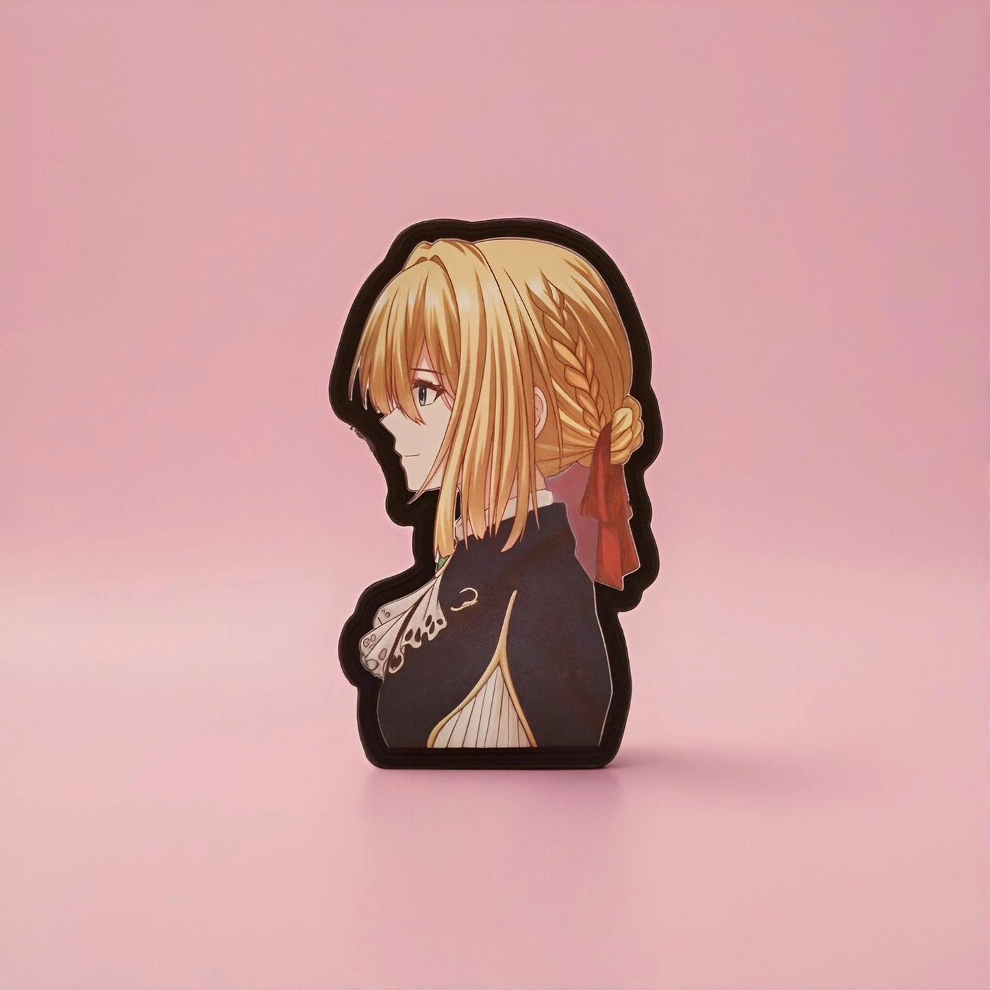 Stylized illustration of Violet Evergarden with blonde hair and a red ribbon on a pink background