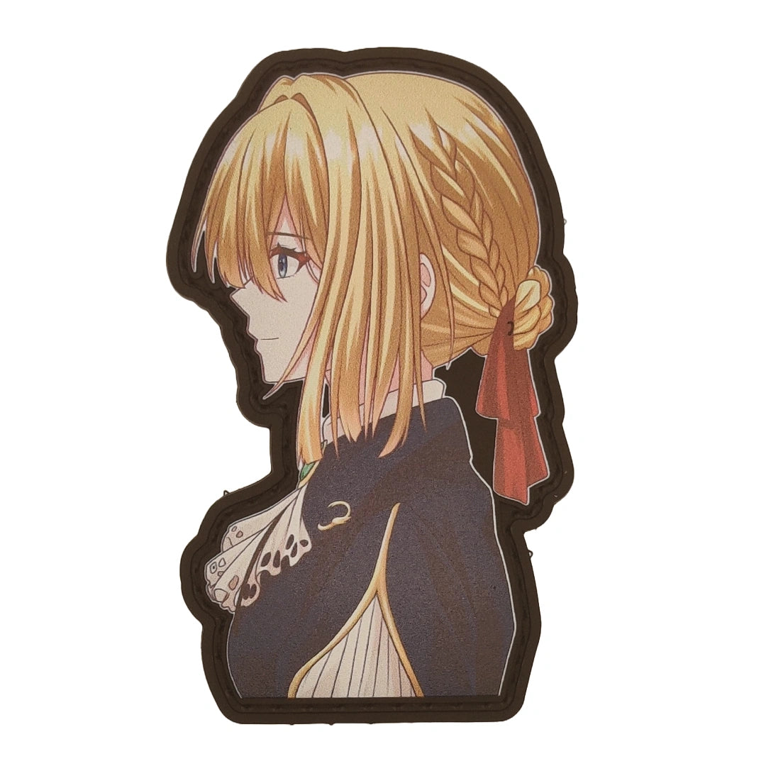 Anime character violet evergarden with blonde hair and a red ribbon on a white background