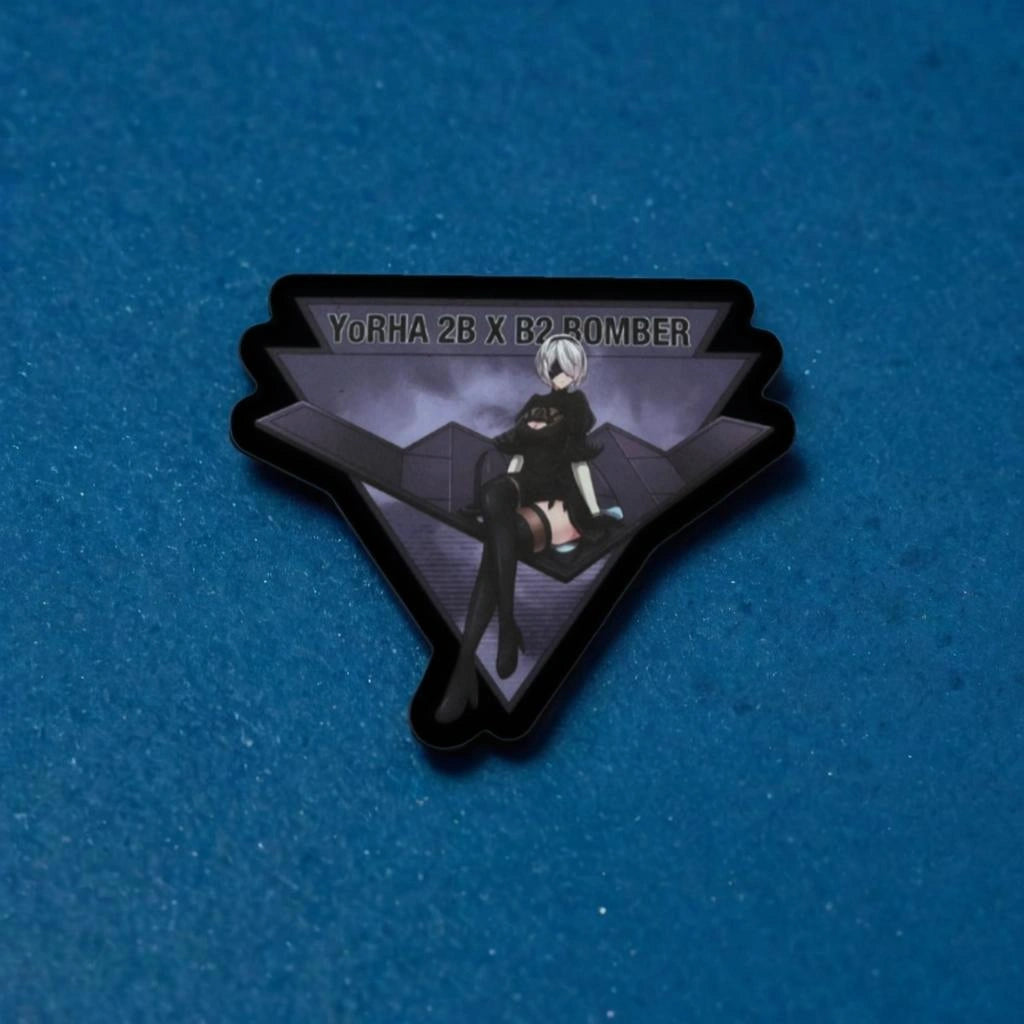 YoRHa 2B  sitting on a B2 stealth bomber a blue background
