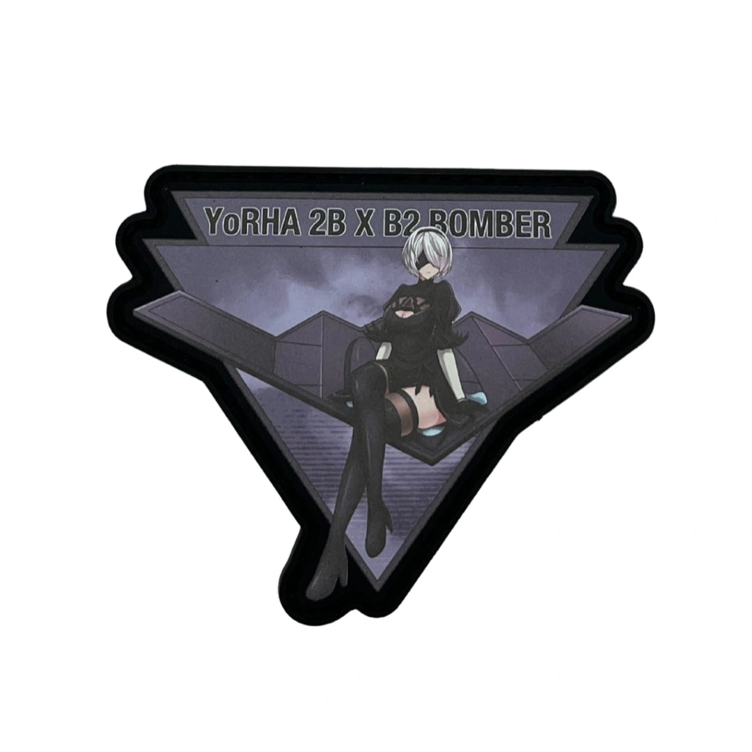 velcro patch with character 2B design and text 'YoRHa 2B x B2 Bomber' on a white background
