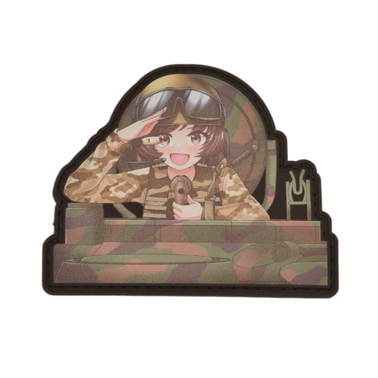 Yukari from Girls und Panzer wearing a helmet sitting on a hatch of a tank with camouflaged pattern , saluting, on a white background