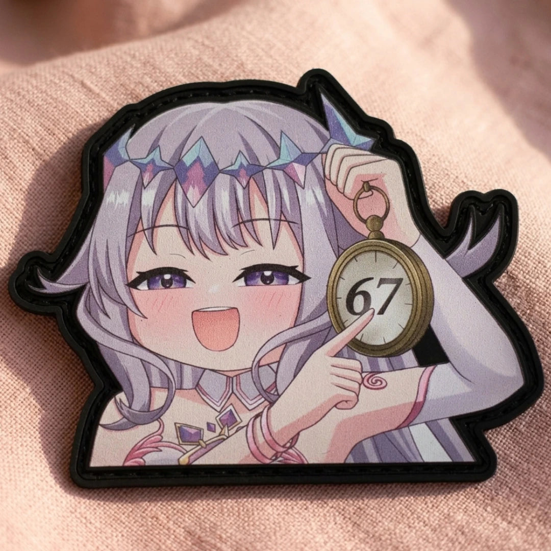 Koseki Bijou "67" meme patch on light tan fabric, featuring Biboo with pocket watch and purple diamond design, showing embroidered detail and hook-and-loop velcro backing