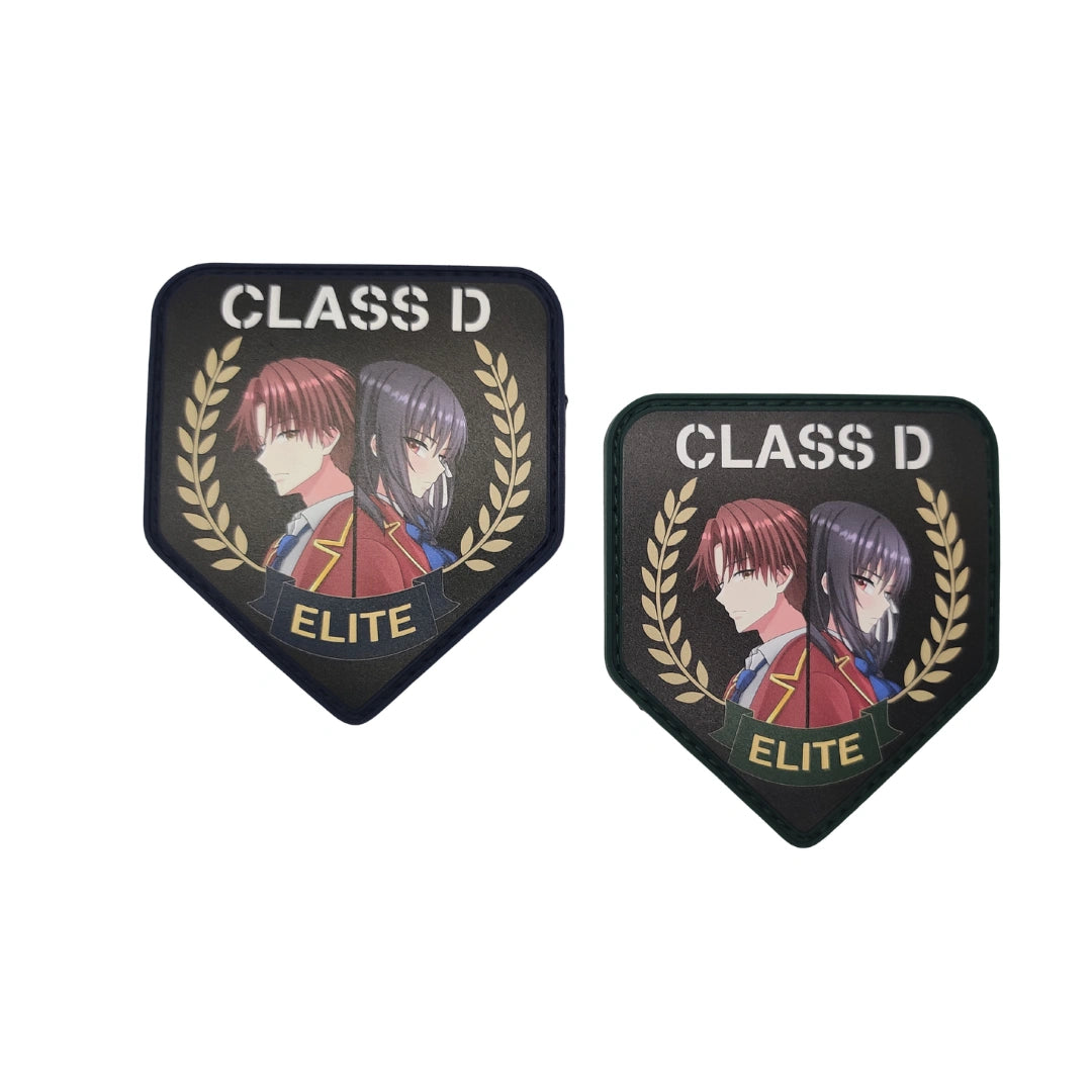 Size comparison of two Class D Elite Classroom of the Elite patches, navy border large size next to green border smaller size