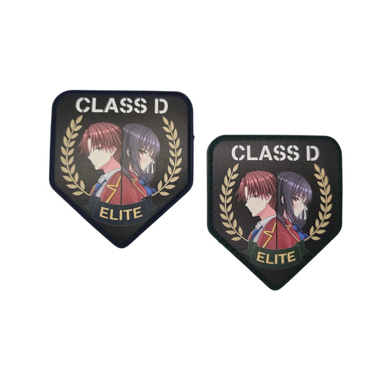 Size comparison of two Class D Elite Classroom of the Elite patches, navy border large size next to green border smaller size