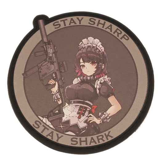 Image of Ellen Joe, a character from Zenless Zone Zero, with blue hair and a shark tail fin, wearing a maid outfit and holding scissors