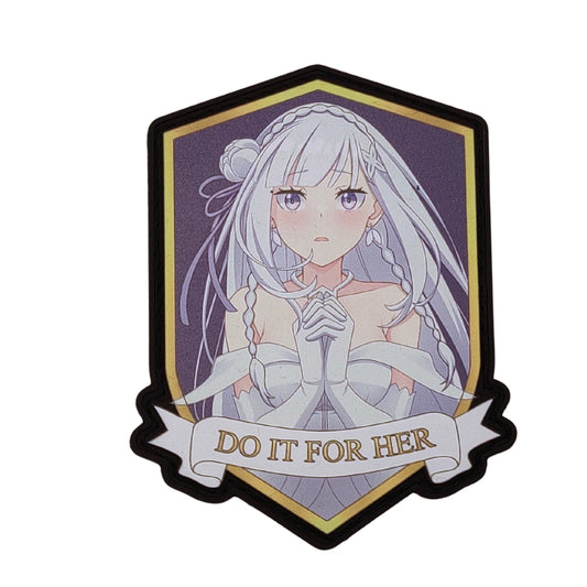 Emelia DO IT FOR HER anime patch, 3.4 inch shield-shaped UV printed velcro patch with gold accents for Re:Zero fans