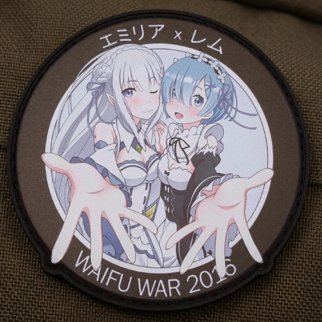 Emilia and Rem anime patch with velcro hook backing on tactical fabric, perfect for jackets and bags