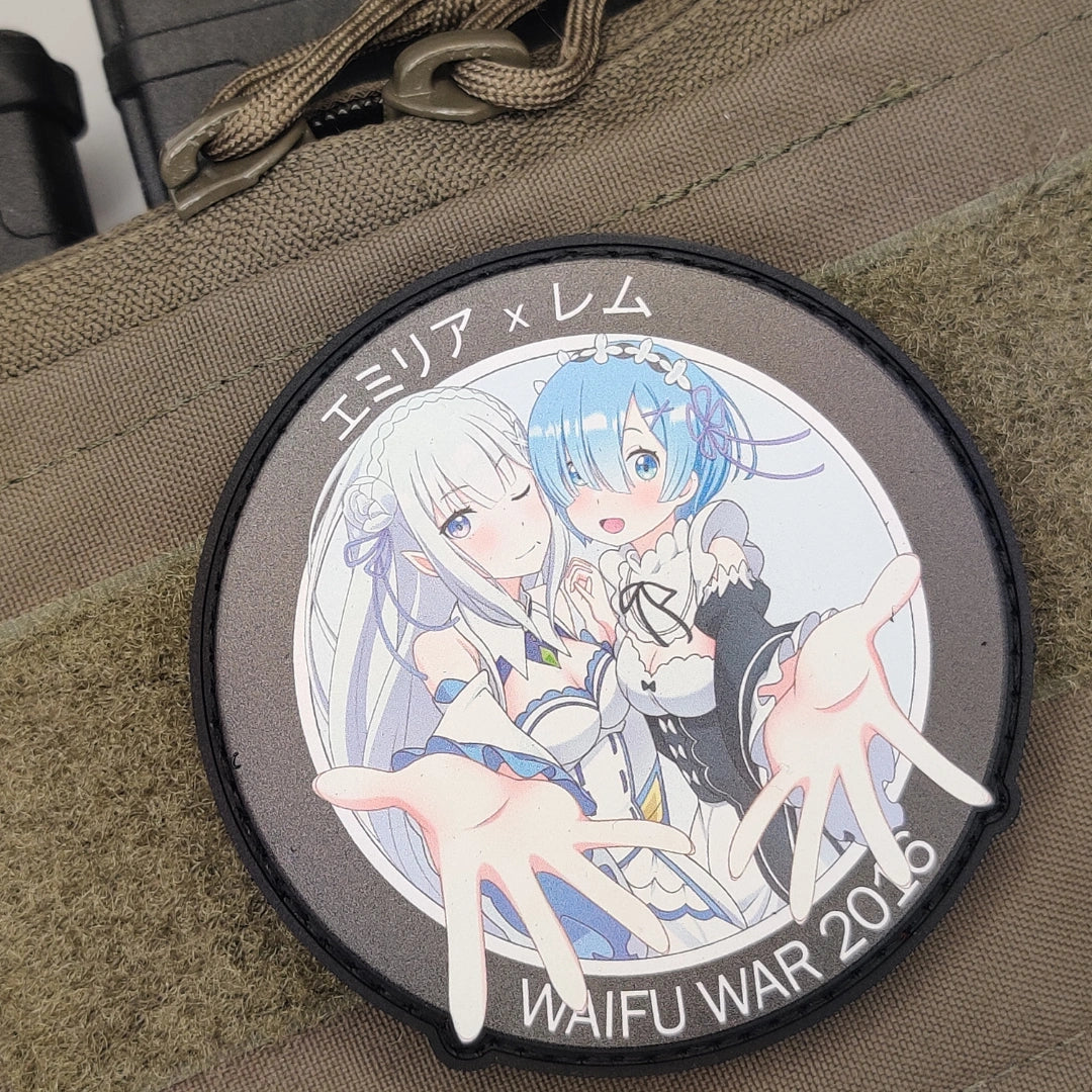 Emilia and Rem anime patch with velcro hook backing on tactical fabric, perfect for jackets and bags