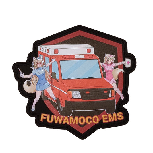 FUWAMOCO EMS patch 3.4 inches featuring Fuwawa and Mococo paramedics in blue and pink uniforms with red ambulance and "FUWAMOCO EMS" text on dark background