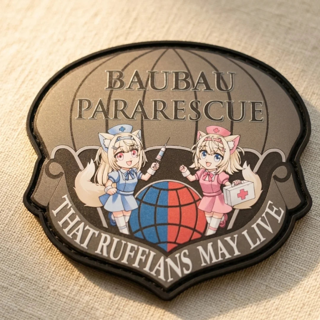 FUWAMOCO Pararescue patch featuring Fuwawa and Mococo twin demon guard dogs in pararescue uniforms displayed on light tan fabric, showing embroidered detail and velcro backing