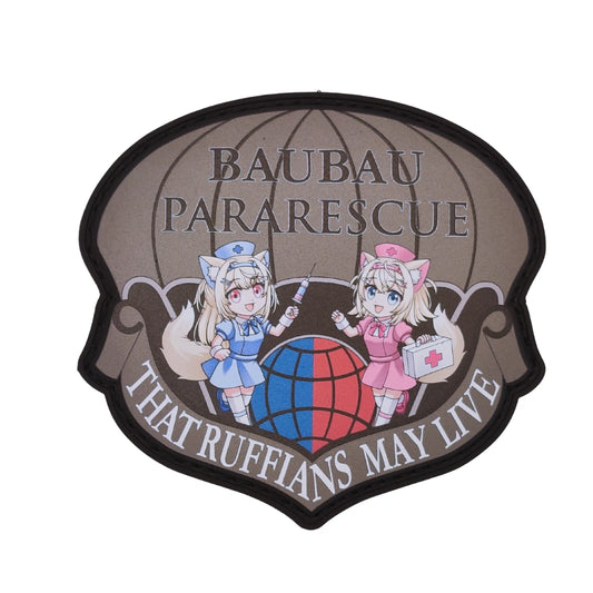 FUWAMOCO Pararescue patch 3.4 inches featuring Fuwawa and Mococo in pararescue uniforms with globe design and "That Ruffians May Live" text