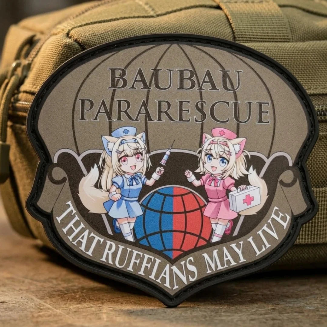 FUWAMOCO Pararescue patch 3.4 inches attached to tan tactical backpack with hook and loop velcro, showing Fuwawa and Mococo rescue design on gear