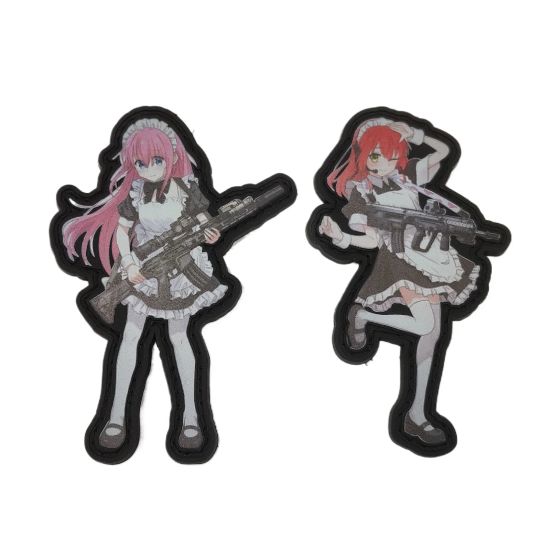 Bocchi the Rock Combat Maid Patches – Hitori Gotou SR15 and Kita Ikuyo TAR-21 side by side, 3.4" UV printed Velcro tactical patches