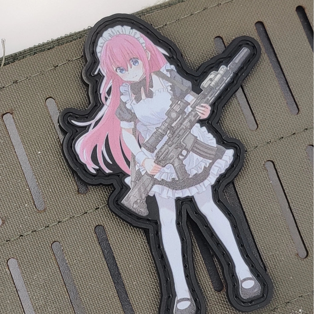 Bocchi the Rock Hitori Gotou SR15 x Combat Maid Patch attached to tan tactical plate carrier – Velcro hook and loop in action